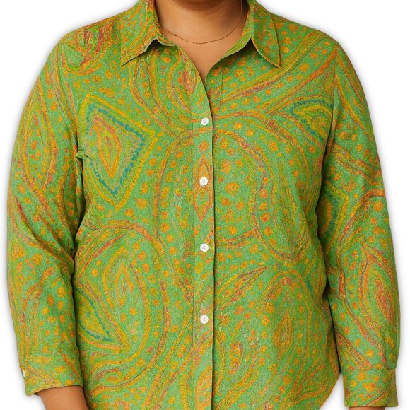 Lauren Ralph Lauren Shirt Boho Paisley Green Cotton 1X - Picture 1 of 11